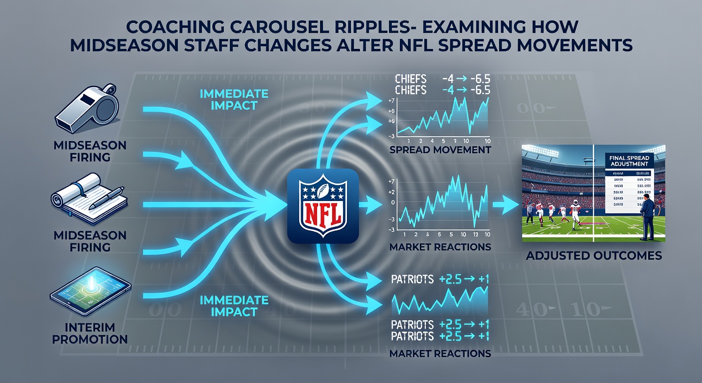 Betting analysts reviewing NFL game footage and spread movement charts on multiple screens