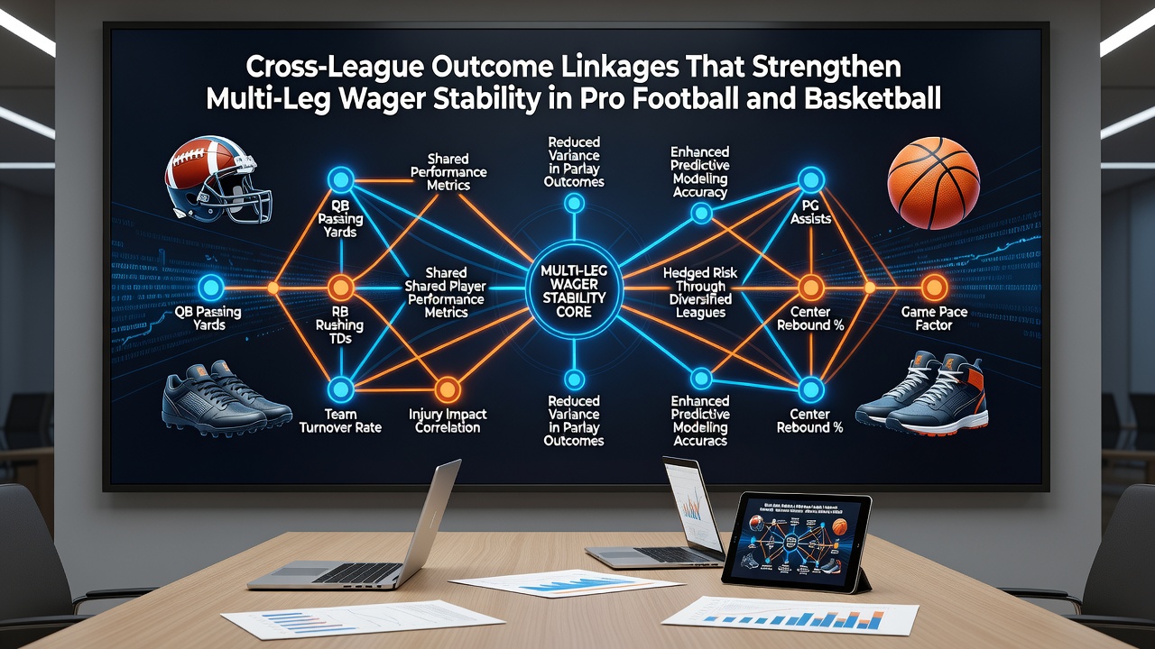 Analytical charts showing outcome linkages and stability metrics for combined football and basketball multi-leg wagers
