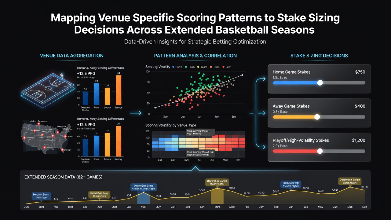 Visualization of stake sizing adjustments correlated with venue scoring deviations over extended basketball seasons