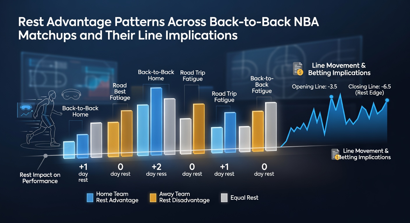 Coaches and analysts reviewing rest impact charts during a back-to-back series with line adjustments visible on monitors