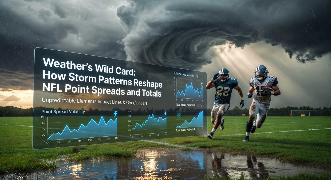 NFL players battling heavy rain during a stormy game, highlighting weather's dramatic impact on play