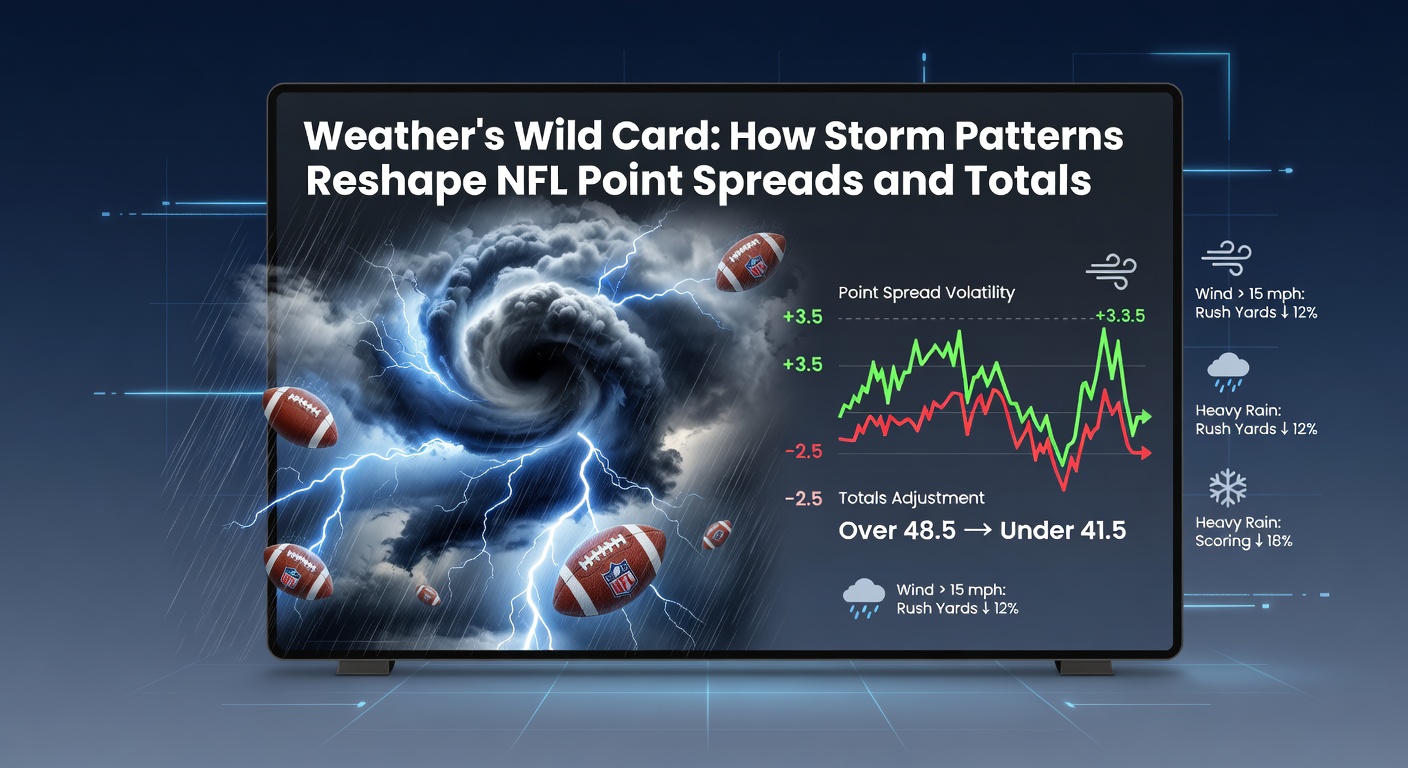 Dramatic NFL night game under lightning storm, with point spread odds overlay showing adjustments